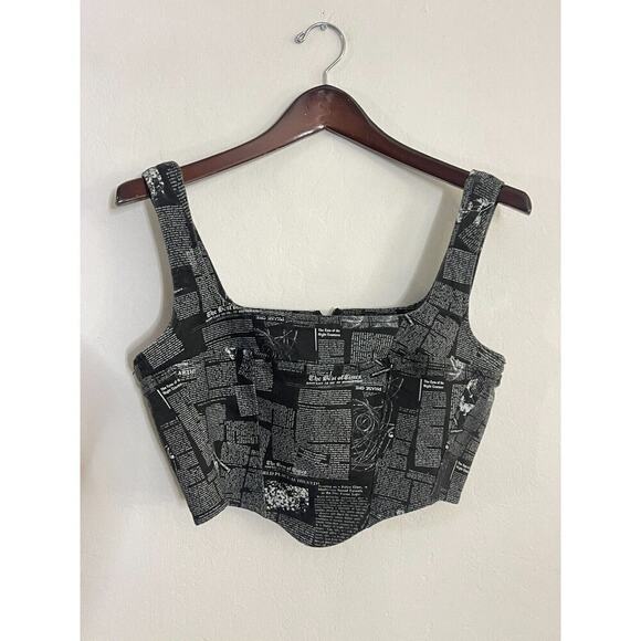 Reformation Jeans 8 Raya Denim Crop Tank Top Shirt Bustier Black White Newspaper - Picture 4 of 10
